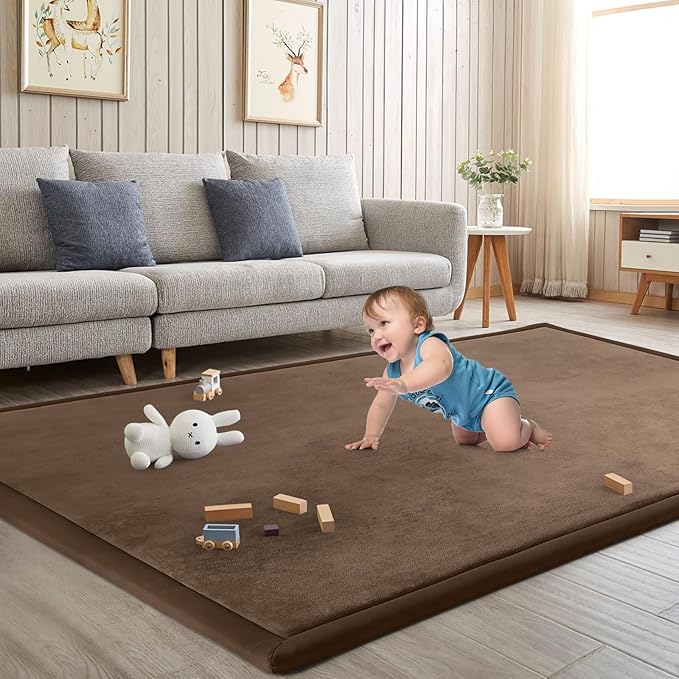 Baby Play Mat for Floor Tummy Time Mat Nursery Muscle Area Playroom Rug Tatami 79"x138" Memory Foam 1.3" Thick Crawling For Babies,Toddlers, Infants, Kids,Floor,Coffee