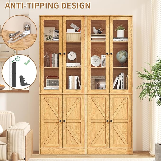 71" Tall Bookcases Set of 2, Bookshelves with Doors, 5-Shelf Bookcase with Storage, Wooden Bookshelf Floor Standing Display Storage Shelves Home Decor Furniture for Living Room,Bedroom,Natural