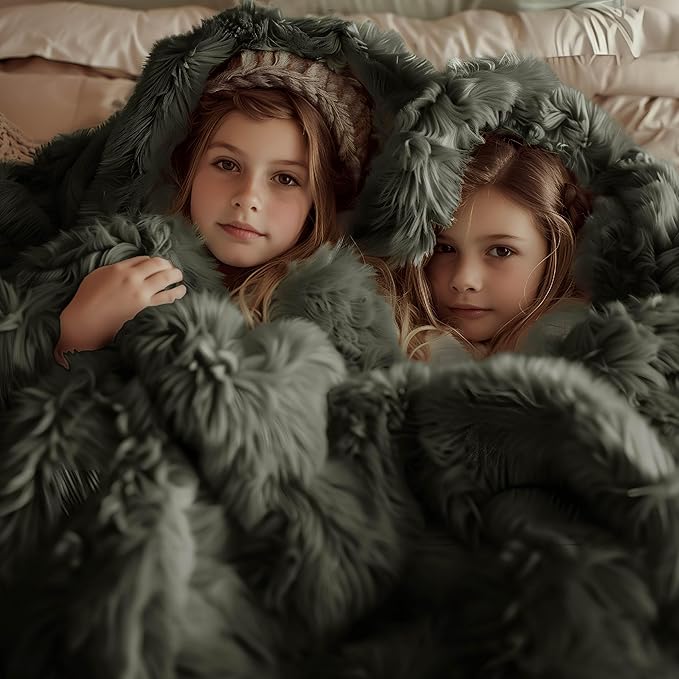 Bedsure GentleSoft Fluffy Olive Green Blankets Queen Size for Bed, Thick Sherpa Faux Fur Fleece Fuzzy Plush Winter Warm Soft Queen Blankets, Bedroom Olive Green Decor Cozy Gifts for Women Men, 90x90