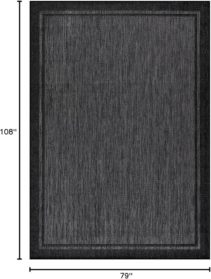 CAMILSON Indoor Outdoor Rug, 6x9 Bordered Dark Grey Black Modern Area Rugs for Indoor and Outdoor Patios, Kitchen and Hallway Mats, Washable Porch Deck Outside Carpet (Bordered Black, 6 x 9)