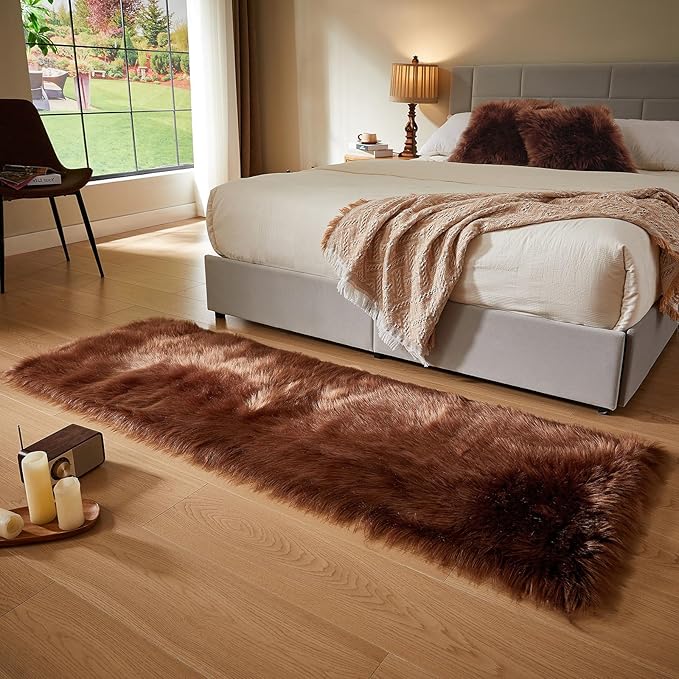 AMTOVO Faux Fur Rug, Coffee Ultra Soft Fluffy Shag Sheepskin Rug, 2 x 6 ft Runner Area Rugs for Bedroom Sofa Throw Cushion Room Decor, Rectangle