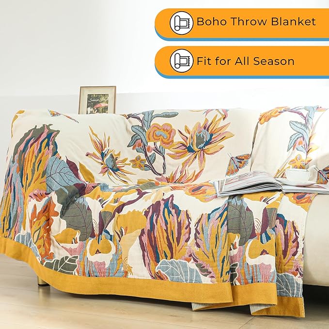 Boho Large Throw Blanket 90" x 98",100% Cotton Soft Sofa Bed Throw-Floral Butterfly Decor Blanket Reversible Bohemian Luxury Throw for Couch Sofa Chair Travel