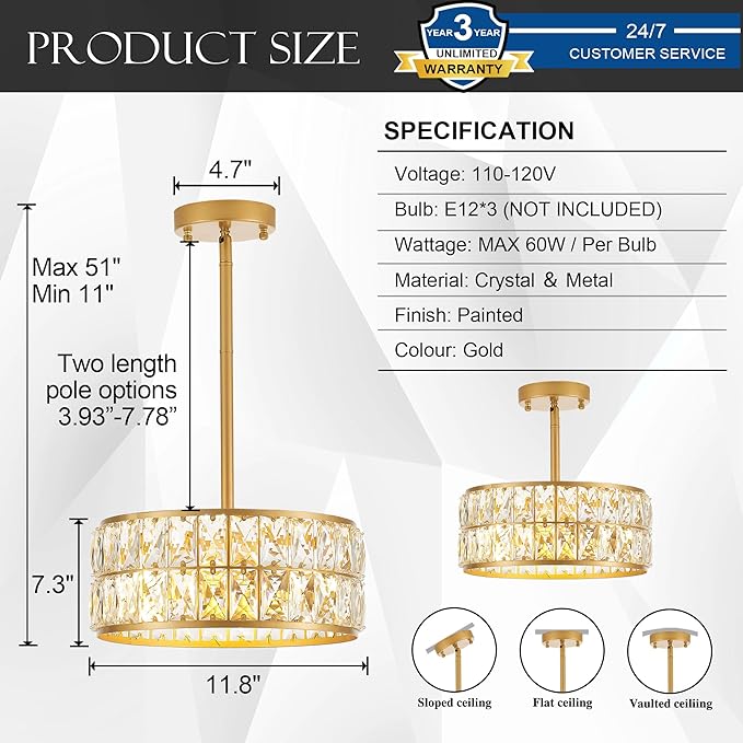 12” 3-Light Modern Crystal Chandeliers Gold Dinning Room Light Fixture, Round Pendant Light Kitchen Island Chandelier, Flush Mount Ceiling Light for Living Room Entryway Bedroom Foyer