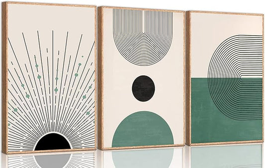 3 Pcs Sage Green Boho Canvas Wall Art Modern Abstract Minimalist Neutral Bohemian Sun Geometric Line Painting Picture Wall Decor Poster Print Artwork for Living Room Bedroom Home Decoration Unframed
