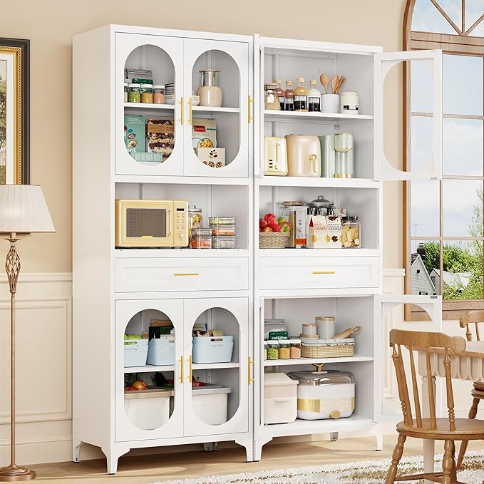 75” Tall Kitchen Pantry Storage Cabinet, Metal Storage Cabinet with 1 Drawer and Adjustable Shelves, Kitchen Pantry Cupboard, Freestanding Cupboard for Bathroom, Living Room (White-Glass Door)