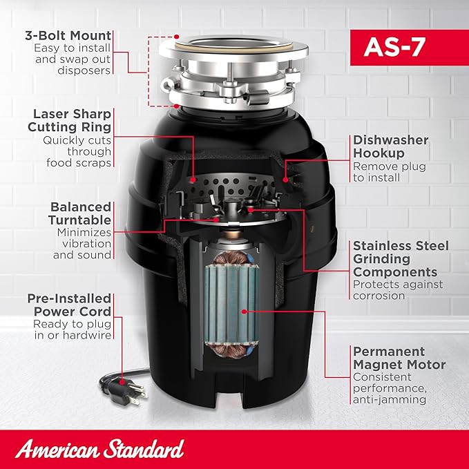 American Standard 10-US-AS-7 Garbage Disposal Anti-Jam Stainless Steel Food Waste Grinding System, Heavy Duty, 3/4 HP, Black
