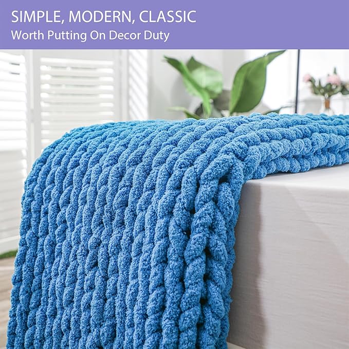 Bigacogo Chunky Knit Throw Blanket for Couch, 40x40 inches, 100% Hand Knitted with Thick Jumbo Chenille Yarn, Cozy Soft Large Rope Knot Cable Crochet Blankets for Sofa Bed Living Room, Bright Blue