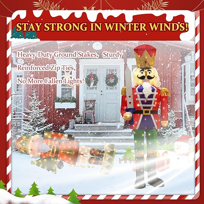 61Inch Nutcracker Christmas Decor Outdoor with LEDs 5 Feet Lighted Large Nutcracker Lighted Christmas Decorations Outdoor with Stakes & Zip Ties for Xmas Yard, Porch, Lawn
