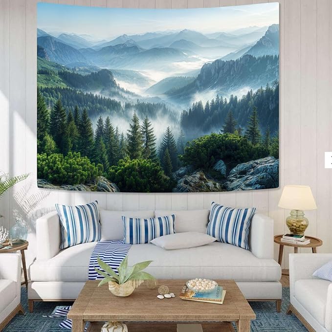 AMM Nature Forest Mountain Tapestry Green Misty Pine Tree Tapestry for Bedroom Aesthetic Foggy Woodlands Sky Landscape Tapestries Wall Hanging for Living Room Dorm 80 x 60 Inch