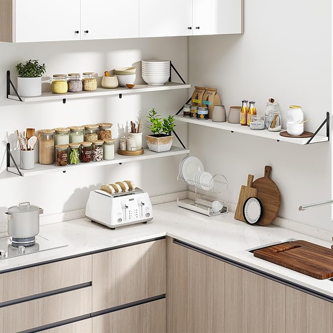 Heimlove 48 Inch Large Floating Bookshelves Set of 3,White Wall Mounted Bookshelves,Heavy Duty Wooden Shelves for Living Room,Bedroom,Kitchen,Laundry Room Storage & Decor