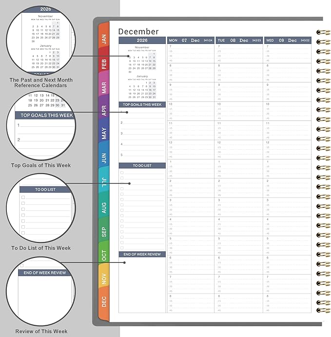 2026 Weekly Appointment Book - Appointment Book 2026, Jan 2026 - Dec 2026, Daily/Hourly Planner with Tabs, 15 Minutes, 8.26"x 11.4", Wirebound - Grey