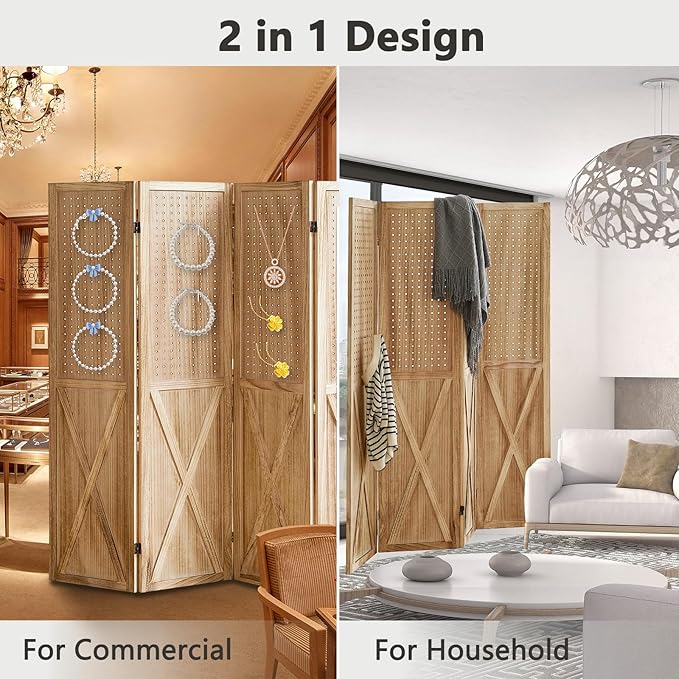 4 Panel Pegboard Wood Room Divider, 5.6Ft Pegboard Display Folding Privacy Screens, Peg Board Display Freestanding for Trade Show Craft Show Home Wall Organizer, Light Brown