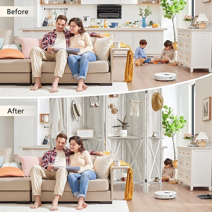 6 Panel Pegboard Display with 24 Hooks, Wooden Pegboard Room Divider Wall with Shelf, Rustic Room Dividers and Folding Privacy Screens, Bedroom, Jewelry Store, White