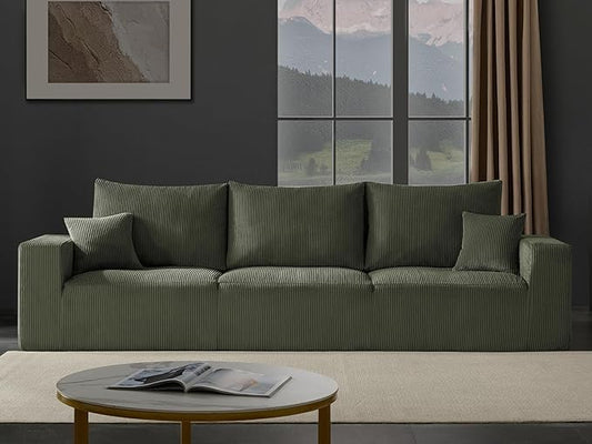 Boneless Cloud Couch Sofa for Living Room, 112" 3 Seater Green Modern Lounge Sleeper Couch, No Assemble, Cordury Compression Upholstered Couches