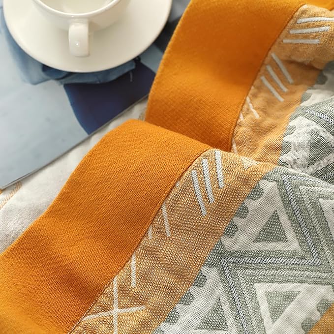 Boho Muslin Blanket for Adults 4-Layer Gauze 80 x 90 Inches Soft Cozy 100% Cotton Cooling Blanket Geometric Farmhouse Decor for Sofa Bed Coverlet Both Sides (Boho-G-Yellow, 80 x 90 in)