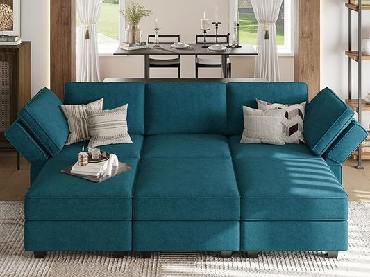 Belffin Terry Fabric Modular Sectional Sleeper Sofa Bed with Storage Convertible Sectional Couches for Living Room 6 Seaters Peacock Blue Modular Sofa