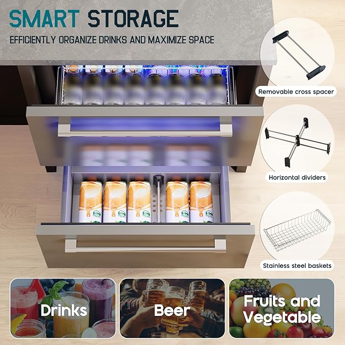 Albott 24 Inch Under Counter Drawer Fridge – Stainless Steel Beverage Refrigerator with Dual Drawers, LED Touch Control, Adjustable Storage, Frost-Free, Low Noise, 34-72℉, for Indoor or Outdoor Use