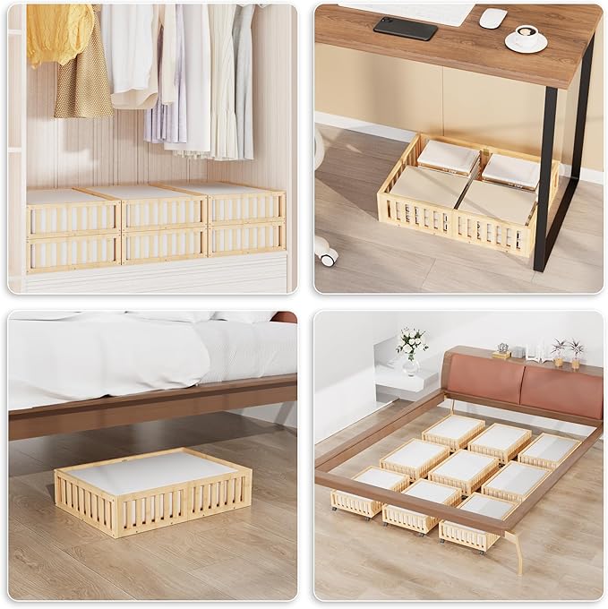 Bamboo Under Bed Storage with Wheels (2-Pack) – Rolling Underbed Shoe Organizer Box for Shoes, Blankets, Toys, Clothes Container Space-Saving Organizer Bins for Bedroom, Closet, Dorm, Nursery