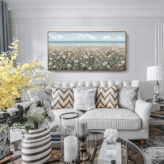 amatop Large Wall Art for Living Room Framed Boho Beach Coastal Floral Ocean Wall Picture Farmhouse Daisy Flower Sea Canvas Print Nautical Neutral Vintage Warm Artwork Home Bedroom Office Decor 48x24