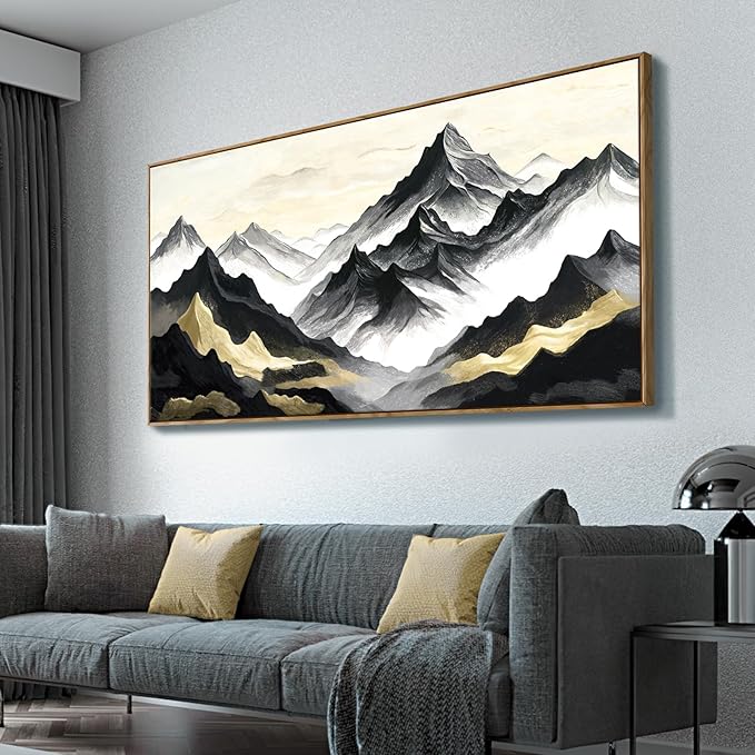 amatop Framed Extra Large Wall Art for Office Abstract Mountain Motivational Canvas Print Black and White Landscape Picture Zen Nature Giant Artwork for Contemporary Living Room Bedroom Decor 58x29 Inch
