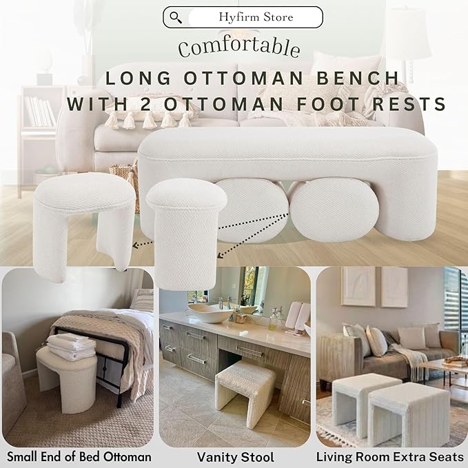 3-Piece 53" Comfy Upholstered Dining Bench with 2 Ottomans, Accent Waterfall Bench Modern End of Bed Entryway Bench Vanity Stool, White Chenille