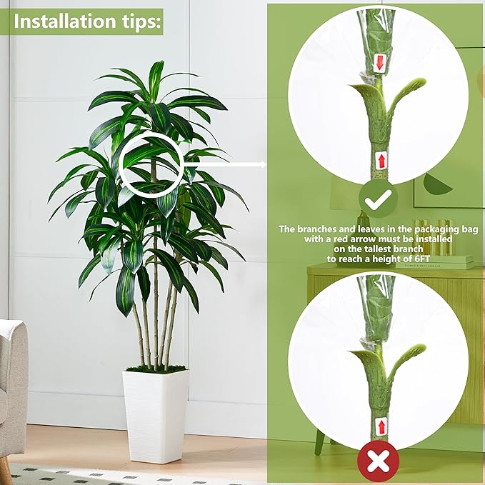 Artificial Dracaena Tree Artificial Silk Tree Faux Tree with White Tall Planter Fake Tropical Yucca Floor Plant (1, White Tall Planter, 6 FT)
