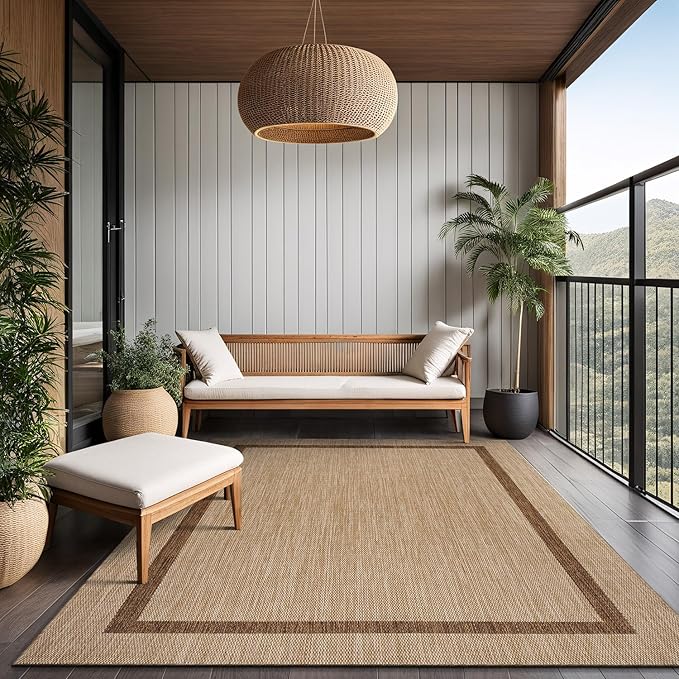 Bordered Outdoor Rug 5x7 Washable Outside Carpet for Indoor Patio Porch Waterproof Easy Cleaning Non Shedding Area Rugs Jute Beige - Nut Brown 5 x 7