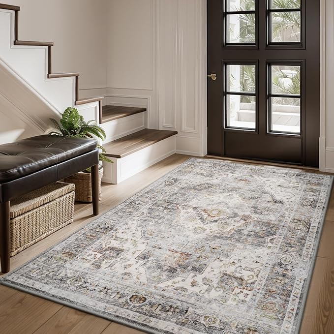 AMOAMI-3X5 Area Rug-Soft Washable Vintage Throw Accent Rugs for Living Room, Entryway, Bedroom, Kitchen, Bathroom, Laundry Room, Kitchen, Bathroom, Bedside, No Slip Grey