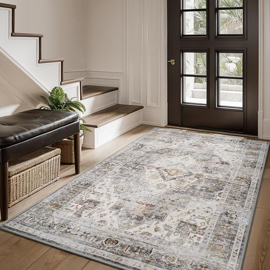 AMOAMI-3X5 Area Rug-Soft Washable Vintage Throw Accent Rugs for Living Room, Entryway, Bedroom, Kitchen, Bathroom, Laundry Room, Kitchen, Bathroom, Bedside, No Slip Grey