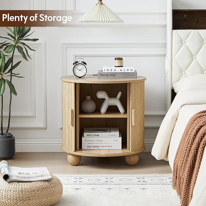 AVZEAR 24" Large Round End Table with Charging Station, Farmhouse Fluted Sofa Side Table with Sliding Tambour Door & Storage, Mid-Century Wood Nightstand for Living Room, Bedroom, Natural