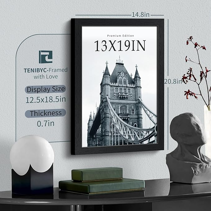 13x19 Picture Frame 3 pk, Textured Black Solid Wood Poster Frame, HD Tempered Glass, Wall Gallery Frame