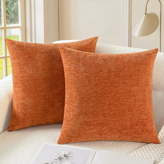 CaliTime Fall Throw Pillow Covers Decorative 26 X 26 Inches Pack of 2 Cozy Chenille Cushion Cases for Couch Sofa Bed Living Room Home Burnt Orange