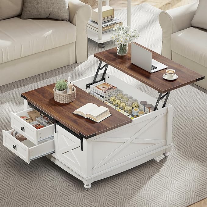 31.5" Lift Top Coffee Table with Storage, Farmhouse Coffee Tables for Living Room, Square Coffee Table with Large Hidden Storage Compartment, 2 Drawers & Removable Shelves, White