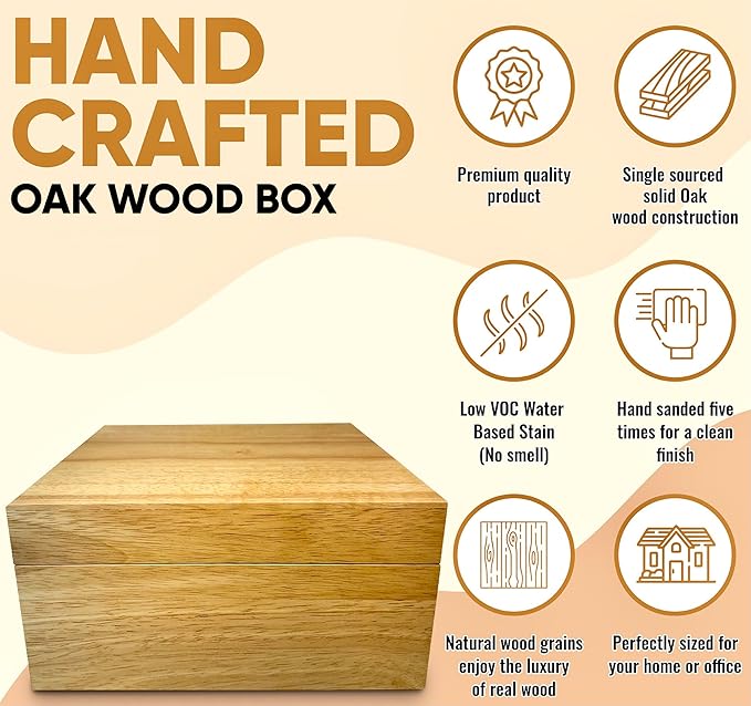 Blake & Lake Wooden Eco Box with Hinged Lid - Solid Oak Wood Storage Box with Lid - Wooden Keepsake Box - Decorative wooden boxes with lids for Keepsakes (Oak)