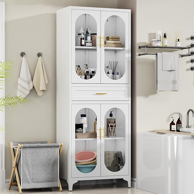 75” Tall Kitchen Pantry Storage Cabinet, Metal Storage Cabinet with 1 Drawer and Adjustable Shelves, Kitchen Pantry Cupboard, Freestanding Cupboard for Bathroom (White-4 Doors and 1 Drawer)