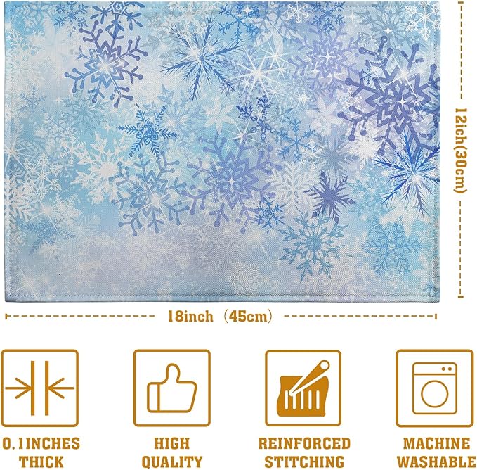 Blue Snowflake Winter Placemats Set of 4 Xmas Snow Place Mat Merry Christmas Linen Fabric Table Mats Washable Heat Resistant Placemat for Farmhouse Kitchen Dining Party Decoration