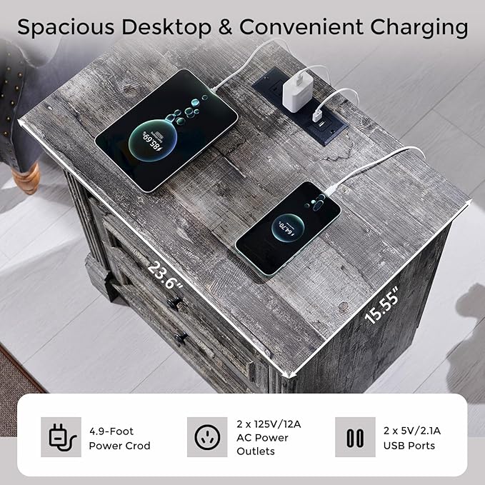 26" Tall Farmhouse Nightstand Set of 2, 2 Drawers End Table w/Charging Station, 23.6" Wide Large Side Table w/Roman Column, Wood Rustic Sofa Table w/Open Shelf, Bedside Table for Bedroom, Light Gray