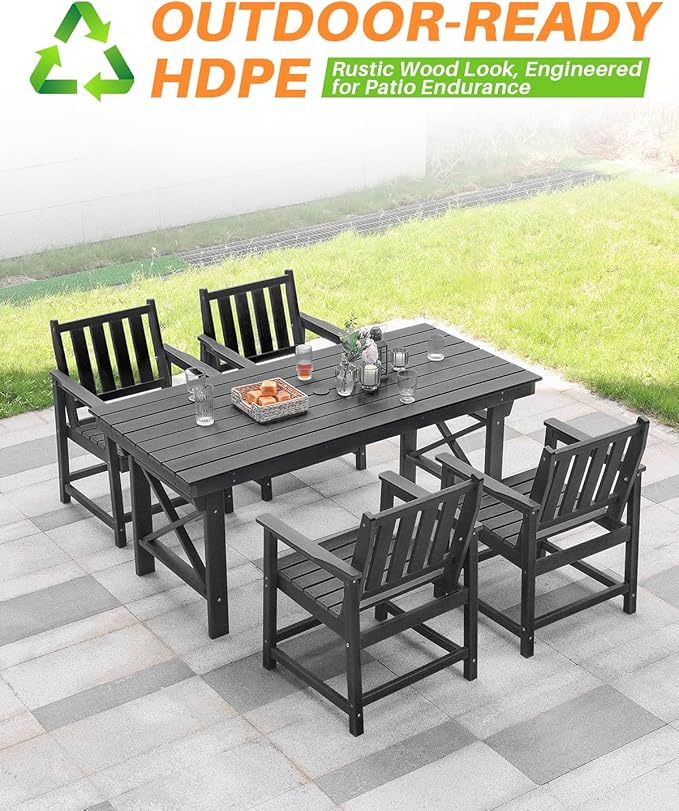 HDPE Patio Dining Set, 5-Piece Outdoor Table and Chairs with Umbrella Hole, Modern Outdoor Dining Set for 4, HDPE Outdoor Patio Furniture Dining Sets for Deck, Poolside, Porch, Obsidian