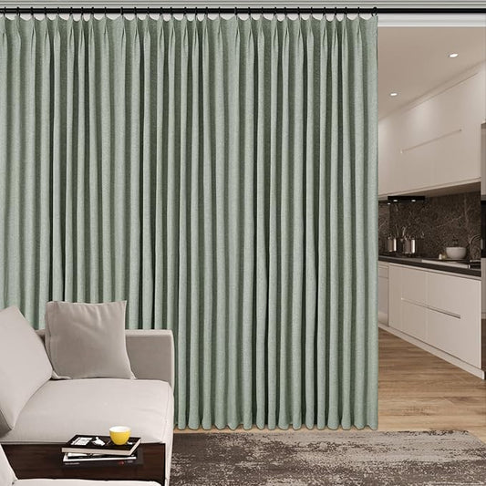150 Inches Extra Wide Room Divider Draperies, Pinch Pleat Drapes, Absolutely Blackout Sliding Door Drapery, Total Privacy Ceiling Track Curtains, 150" W by 84" L, Fog Green (1 Panel)