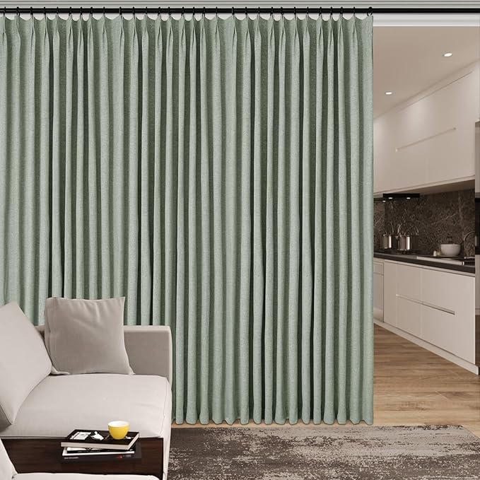 120" Wx96 L Linen Room Divider Drapes for Doorway/Glass Window/Sliding Door/Patio, Extra Wide Pinch Pleated Full Blackout Curtains for Girls Boys Teen Kids Room, 1 Panel, Fog Green