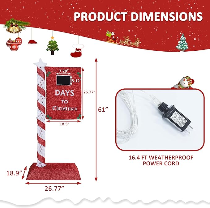 5FT Lighted Christmas Countdown Sign, Remote Control Available Within 0-60 Days, Holiday Countdown Sign Decor with 125 LED Lights, Freestanding Glittered Holiday Display for Outdoor, Indoor