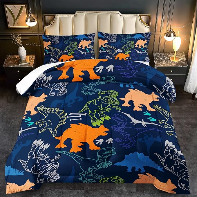 Blue Dinosaur Comforter Set Queen Boys,Cute Dinosaur Bedding Set Queen for Kids,Kawaii Dragon Comforter Blue Bedroom Decor,Cute Animal Bedding Kawaii Animal Quilt Boys