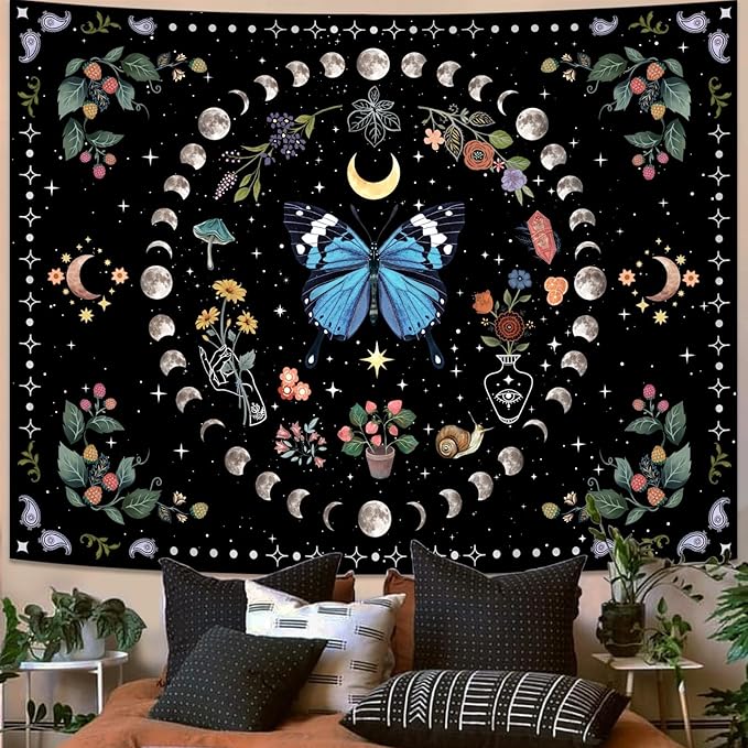 Aipon Blue Butterfly Moon Flower Tapestry Botanical Boho Plant Floral Wall Hanging for Bedroom and Living Room (36.00'' 48.00'', Blue)