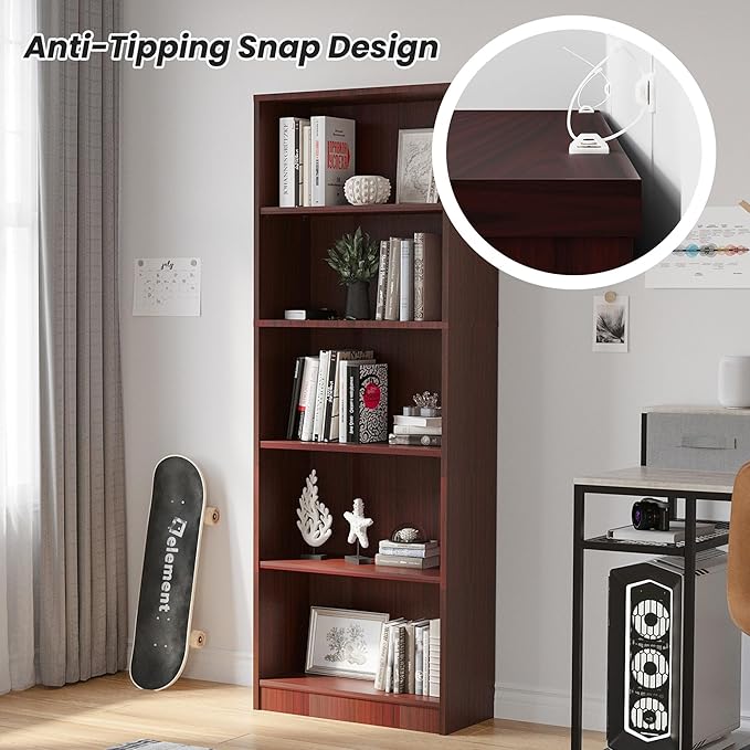 Bookshelf, Open Modern Bookshelf, 5 Shelf Bookcase with Freestanding Display Storage, Wooden Book Shelf for Bedroom, Living Room, Dinning Room, Office,Brown