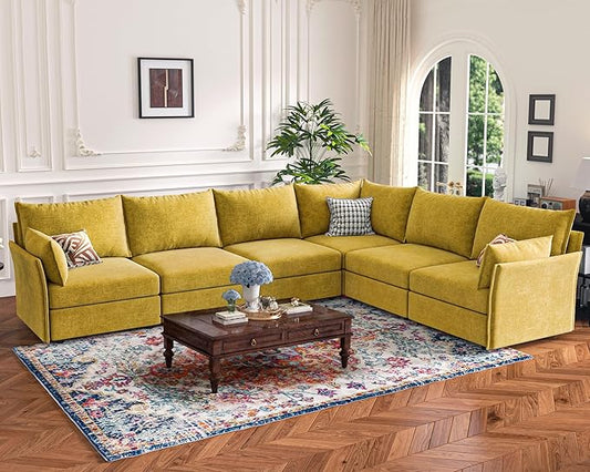 135.5" Oversized Modular Sectional Sofa, L Shaped Convertible Couch with Movable Ottoman, Large 6 Seat Corner Couches for Living Room Deep Seat Yellow Chenille