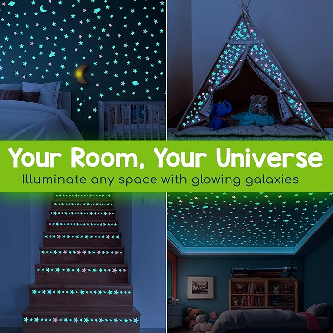 BUNMO Glow in The Dark Stars for Ceiling & Walls – 280 Piece Bright Wall Stickers, Long Lasting Non-Toxic Decals with Moons & Planets for Kids Bedroom, Nursery & Room Decor