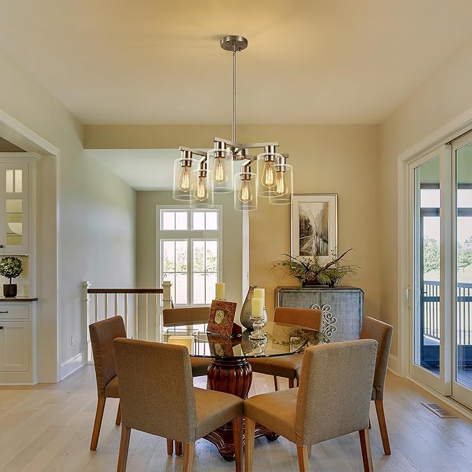 6-Light Modern Farmhouse Brushed Nickel Chandelier, Dining Room Light Fixture Over Table Adjustable Height Hanging Industrial Pendant Lights Kitchen Island, Clear Glass Shade