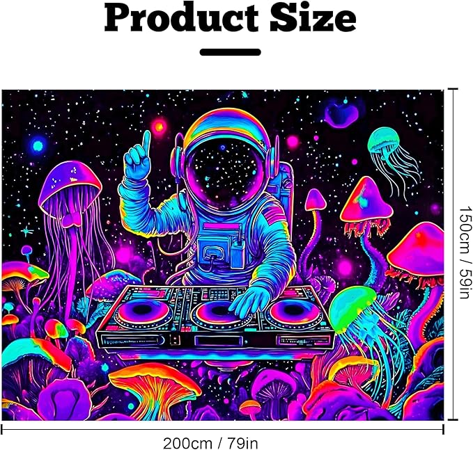 BVBOX Astronaut Space Blacklight Tapestry 79"x59", UV Reactive Astronaut DJ Universe Galaxy Planet Glow in Dark Music Tapestries, Black Light Neon Upright Poster Wall Hanging Backdrop Decor for Bedroom Living Room