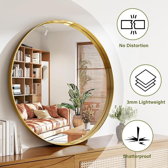 36 Inch Round Bathroom Mirror - Wall Mounted Circle Mirror with Metal Frame, Modern Mirror Suitable for Bathroom, Vanity, Entryway, Living Room, Wall Decor,Gold