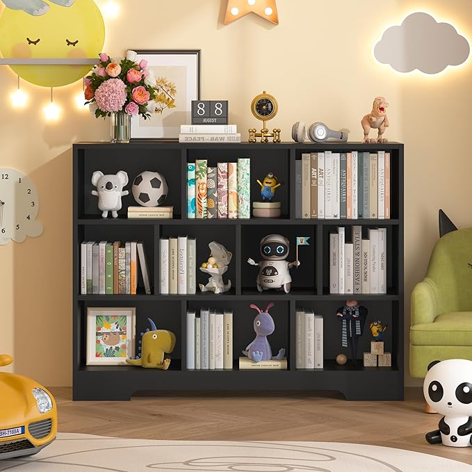 Book Shelf Set of 2, 10 Cubes Storage Organizer, 3-Tier Open Bookshelf Wooden Bookcase, Freestanding Black Bookshelf Cube Shelf for Bedroom, Living Room, Home Office